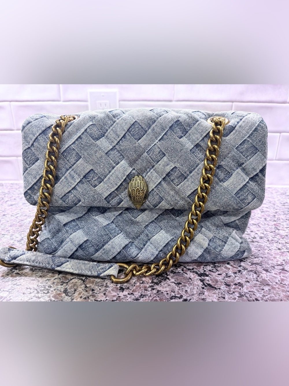 Kurt Geiger large Light Blue Quilted Denim Shoulder Bag with Brass Chain